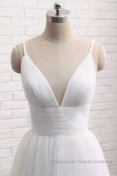 Simple A Line V Neck White Wedding Dresses, V Neck White Tulle Semi Formal Prom Dresses Formal Dresses